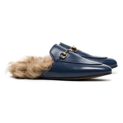 China Women Anti-slippery Shearling Fur Mules Blue Purple Shoes Leather Flat Heel Loafers for sale