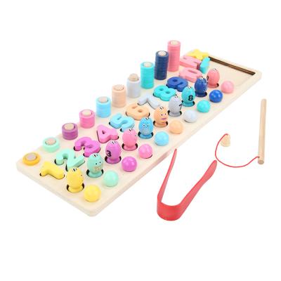 China Developing Intelligence Colorful 4 in 1 Wooden Logarithmic Toys Board Grip Hand Number Puzzle Toys Preschool Kids Educational Set for sale