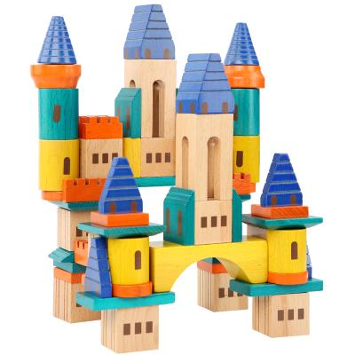 China Develop Creativity 69PCS Cartoon Kids Castle Building Blocks Playing Beech Stack Box Colorful Learning Thinking Wooden Game Set For Children for sale