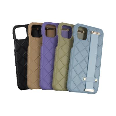 China Retro Shockproof Woven Bracket Wrist Strap Phone Case Treatment Suitable For Apple 14 Pro Max Series Solid Color Drop-Proof Wristband for sale