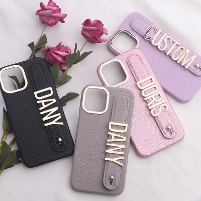 China Luxury Leather Shockproof Custom Name Black Matte Gold Metal DIY Letters Phone Case for iPhone 14 pro Max Personalized Cover for sale