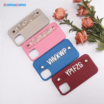 China Real Custom Name Cowhide Leather Phone Case Shockproof For iPhone 12 pro Max Diamond Metal Letters Cover Coque for sale