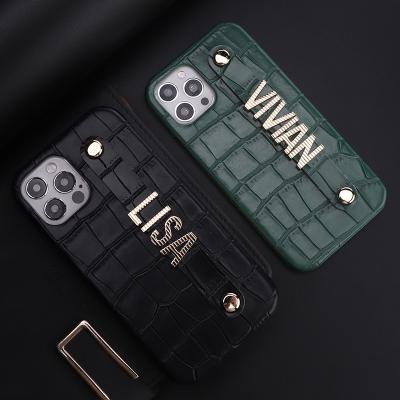 China Custom Name Shockproof Luxury Crocodile Leather Phone Case For iphone 13 14 pro Max Striped Metal Letter DIY Cover for sale