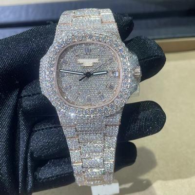 China Alarm Custom Design Mens Woman Luxury Hand Set Ice Out Hip Hop Moissanite Watch for sale