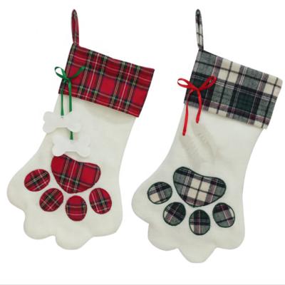 China Christmas Stocking Dog Paw Plaid Socks Xmas Hanging Home Decorations for sale