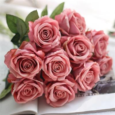 China Beautiful and Real Touch Single Flannel Rose Flower Home Decoration Artificial Silk Flower Rose For Party Wedding for sale