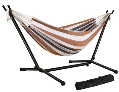 China 2022 Lwood Bar Light Weight Polyester Tassel Coffee Stripe Camping Hammock with Steel Stand for Garden Patio Park Indoor Outdoor Porch for sale