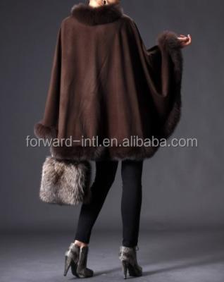 China Luxury black cashmere anti-pilling cape with fox fur trim for sale