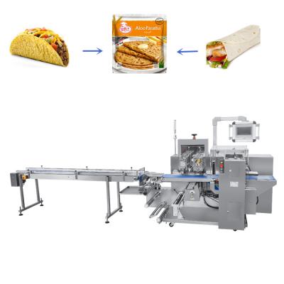 China Food Bostar Horizontal Braed Flow Pillow Paratha Roti Pita Tortilla Wrapping Packaging Machine for sale