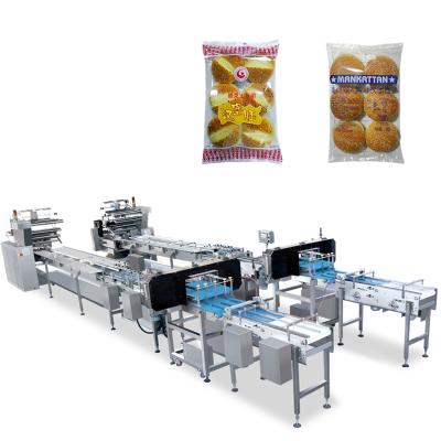 China Automatic Food Bostar Burger Burger Bun Packing Machine Wrapping Line With Automatic Slicer for sale