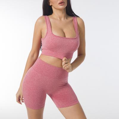 China Plus Size Breathable Two Piece Seamless Crop Top Yoga Leggings Short Set For Women for sale