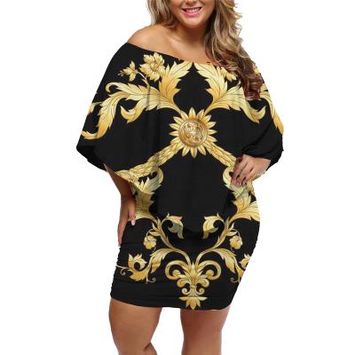 China Anti-static black tendril dresses for women print European flower gold off the shoulder dresses loose custom made plus size casual dress for sale