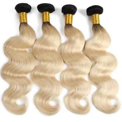 China Free Sample Blonde Body Wave Real 613 Human Hair Raw Indian Hair Extension Weave Black Roots 613 Blonde Hair Bundles for sale