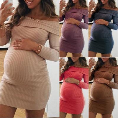 China Solid Color One-shoulder Long Sleeve Long Rib Solid Maternity Dress For Pregnant Women for sale