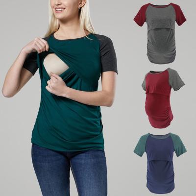 China Fashion Breathable Maternity O Neck Nursing Nursing Clothes Splice Color Short T-shirt Tops For Women for sale