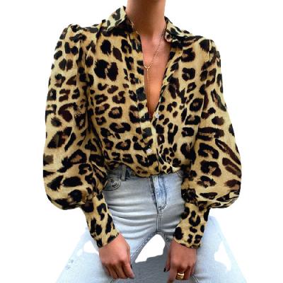 China Summer V-Neck Anti-Pilling Long Sleeve Slap Leopard Formal Casual Shirt Tops For Women for sale