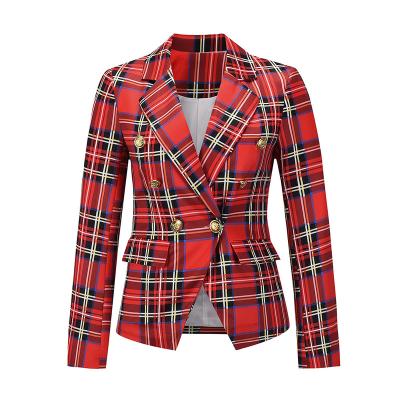 China Autumn Outfits New In Casual Brown Breathable Plaid Notched Lady Oversized Blue Lapel Turtle Shell Button Long Sleeve Women Office Blazer for sale