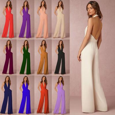 China 2021 Lady Solid Backless Jumpsuit Summer Breathable Sexy Halter Casual Deep V-Neck Sleeveless Elegant Rompers for sale