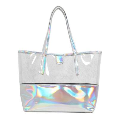 China Clear Holographic Transparent Shopping Handled PU Vinyl Tote Shopper PVC Tote Bag Iridescent Beach Bag for sale