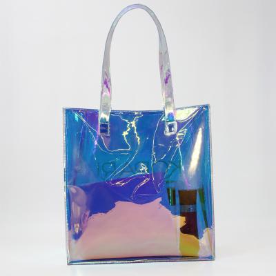 China Custom Shopping Handled Eco Friendly Fashion Women Clear Logo Holographic PVC PVC Tote Bag for sale