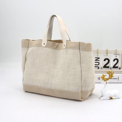 China Large Women Tote Handbag With Pu Handle Girls Casual Simple Durable Waterproof Canvas Jute Lady Bags Shopping Bag for sale