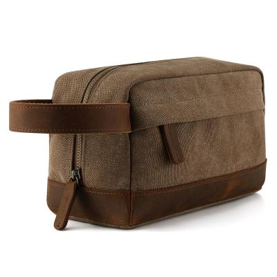 China Fashion Brown Canvas Shaving Dopp Kit Vintage Leather Travel Toiletry Bags Storage Bag Canvas Organizer for sale