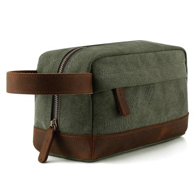 China Fashion Canvas Leather Toiletry Bag For Men Travel Dopp Kit Shaving Bag Organizer Army Green for sale