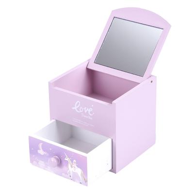 China Luxury Dream Wooden Unicorn Series Girls 1 Drawer Wooden Jewelry Box With Mirror for sale