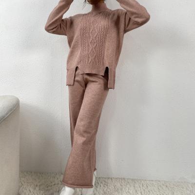 China Custom Women's QUICK DRY 2 Piece Knitted Heavy Warm Sweater Turtle Neck Two Piece Jacquard Cotton Set Factory Winter Pant Suit for sale