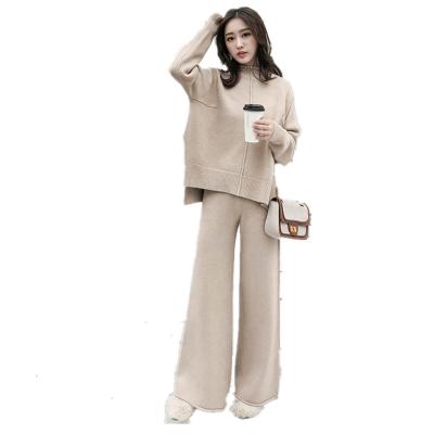 China Factory Custom Brand Logo Branded QUICK DRY Sweater Women's Two Piece Knitted Wide Leg Pants Winter Fashion 2 Pieces for sale