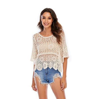 China Factory wholesale breathable European 2021 summer beach bikini blouse hollow crochet knitted tops new breathable for sale