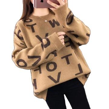 China Custom Running Anti Wrinkle Factory Logo Round Neck Women Knit Sweater Long Letter Jacquard Sweaters for sale