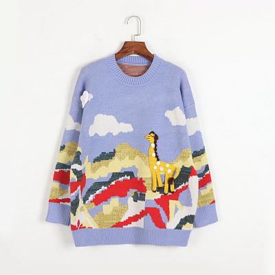 China Anti-pilling anti-pilling factory cartoon plus size giraffe jacquard sweater cardigan loose blue wool winter women loose cloud custom for sale