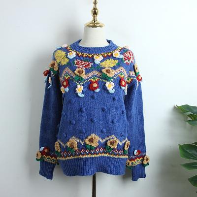 China Factory small round neck anti-pilling hair ball sweater women anti-pilling flower jacquard crochet winter thickening woolen sweater for sale