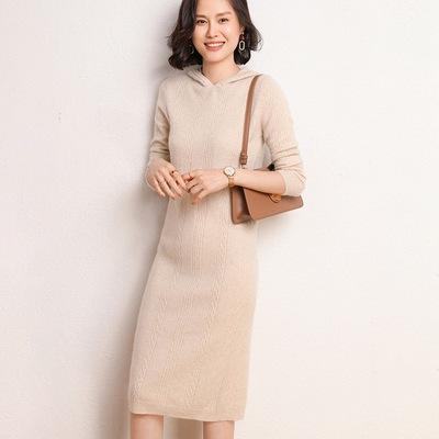 China Wholesale Women's Cashmere Factory Dress Autumn Fashion Jacquard Hooded Knitted Long Dress Anti-Shrink Sweater for sale