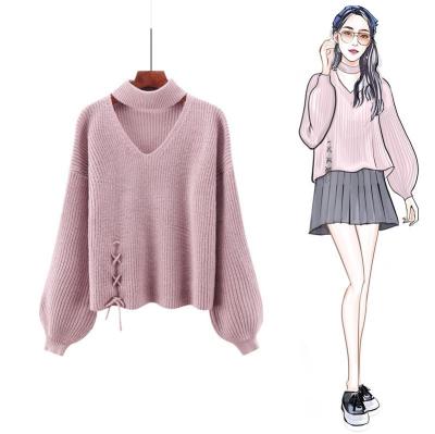 China Anti-pilling Lace Anti-pilling Factory Hand Knit Loose Solid Color Lantern Sweater Ladies Halter Mohair Sweater Sheath Sweater Women for sale