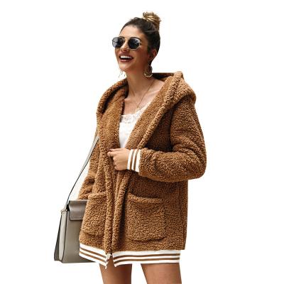 China Wholesale Women's Anti-Shrink Faux Fur Teddy Fleece Hooded Coat Cardigan With Pockets Plus Size Solid Color Sweater for sale