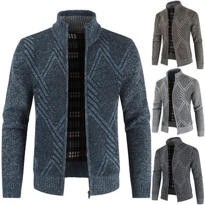 China Plus size plus size factory pattern custom geometric men's casual fashion back up collar cardigan men's knitted sweater coat for sale