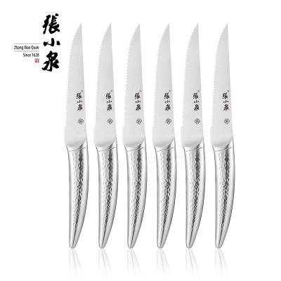 China 6 Pcs 5 Inch Disposable Stainless Steel Serrated Steak Knife Set With Hammered Pattern Hollow Curve Handle for sale