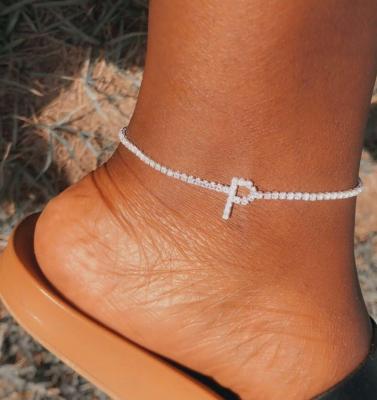 China Barlaycs Fashion 26 Letter Gold Bling Crystal Rhinestone Diamond Tennis Letter Anklet Casual/Sporty Initial Foot Chain For Women for sale