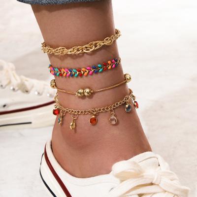 China BOHEMIA Barlaycs 2021 Customize Anklets Women Gold Plated Indian Jewelry Rainbow Tasty Channel Cuban Link Bunny Tassel Layered Anklet for sale