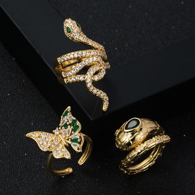 China Barlaycs TRENDY 2022 Fashion Zircon Snake Rings Jewelry Wholesale HipHop Copper Alloy Gold Plated Openings Women Adjustable Rings for sale