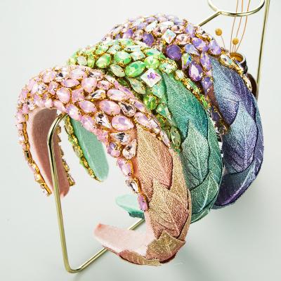 China Luxury Bling Colorful Diamond Hairband Fabric Leaves Wide Barlaycs Designer Headband Hair Accessories For Women Jewelry for sale