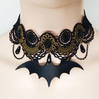 China Halloween Retro Daily Ladies Party Black Lace Crystal Bat Metal Pendant Necklace Set Party Necklace Accessories for sale