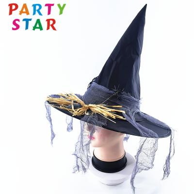 China Fashionable New Straw Spider Mouse Net Yarn Halloween Party Decoration Custom Hat Eco-Friendly Witch Hat for sale