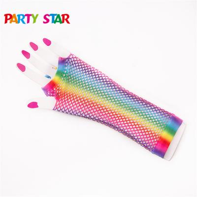 China Beau Disco Dance Costume Colorful Net Rainbow Fingerless Colorful Net Gloves For Women for sale