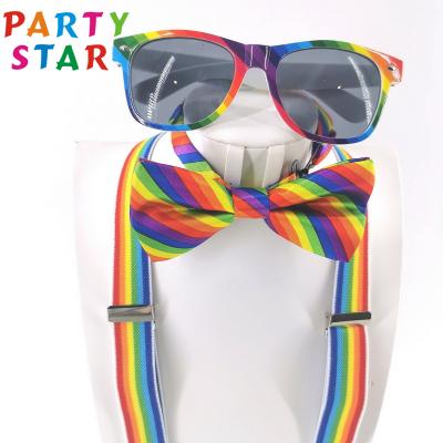 China Multicolor Party Fancy Unisex Gay Rainbow Glass Braces Suspenders And Rainbow Bow Tie Set For Adult for sale