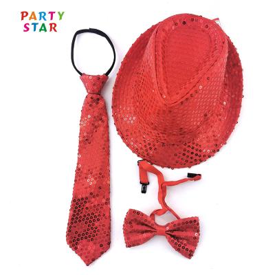 China Fedora Hat Neckties Set Red Sequin Hat Men's New Year's Eve Christmas Party Sequin Bow Tie for sale