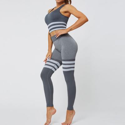 China Breathable Seamless Yoga Suit Womens Stretch Stripe Knitted Fitness Yoga Two Piece for sale