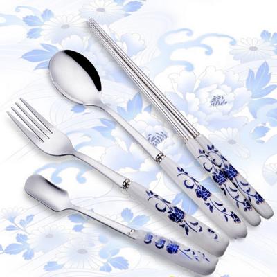 China Traditional Chinese Blue And White Gift Set Porcelain Dinnerware Set Four-piece Stainless Steel Ceramic Cutlery Chopsticks for sale